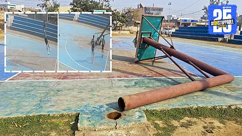 A collapsed basketball pole at a sports ground in Haryana where a young player tragically lost his life during practice, leading to the suspension of the sports officer.