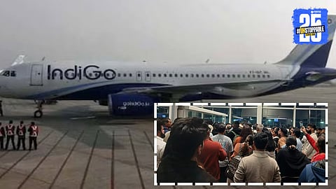 IndiGo aircraft parked at the airport after mass flight cancellations affecting passengers across multiple Indian cities.