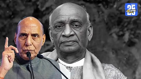 Rajnath Singh addressing a public gathering, alleging that Jawaharlal Nehru wanted to fund the Babri Masjid with government money while Sardar Patel opposed the move.