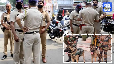 Security personnel outside Hinjewadi International School in Pune after a bomb threat triggered an emergency response by local authorities.