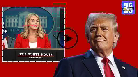 Donald Trump publicly praising White House Press Secretary Caroline Leavitt for her looks during a speech, sparking widespread media discussion.