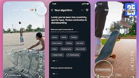 Instagram's new "Your Algorithm" icon in the top-right corner of the Reels tab, allowing users to view, customize, and control AI-powered topic recommendations for a personalized feed