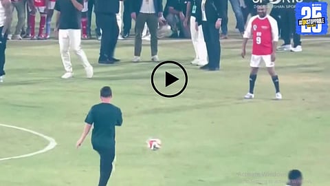 Lionel Messi playing football alongside Telangana Chief Minister Revanth Reddy in Hyderabad as thousands of fans cheer during the historic event.