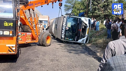 Rescue teams at the spot after a luxury bus carrying a wedding party overturned near Borgav.
