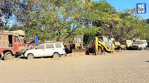 Seized vehicles parked inside the Satara RTO premises, creating space and administrative challenges.