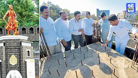The newly installed 12-foot statue of Chhatrapati Sambhaji Maharaj ahead of its grand inauguration in Nagar.