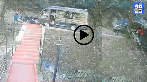 A visual depicting the aftermath of a tourist mini bus accident in Himachal Pradesh, where passengers jumped out to save their lives as the vehicle rolled backwards on a hill road.