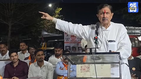 Ramraje Naik-Nimbalkar addressing voters during an election rally in Phaltan.