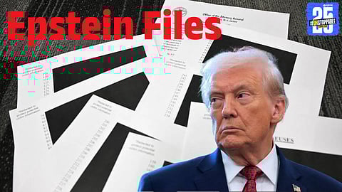 An illustrative image highlighting the controversy surrounding missing Jeffrey Epstein files and the sudden deletion of a Donald Trump photo in the United States.