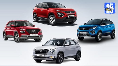 Popular SUVs including Skoda Kushaq, Jeep Compass, and Volkswagen Taigun displayed at a dealership with prominent "Year-End Discounts Up to ₹3.25 Lakh" banners, attracting customers in December 2025.