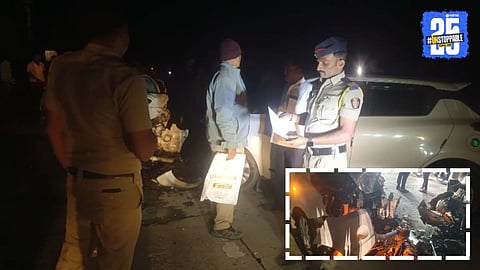Visuals from the accident site near Tamakhadi on the Guhagar–Vijaypur highway showing damaged vehicles and emergency response efforts.