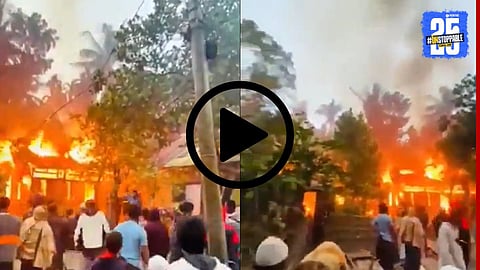 Burnt houses belonging to Hindu families in Bangladesh after an alleged attack, raising serious concerns about religious violence and minority protection.