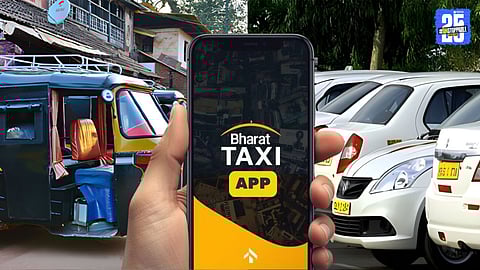 Government-backed Bharat Taxi app interface showing ride booking options for car, auto, and bike taxi, with transparent fixed fares and driver ratings for safe, affordable travel.