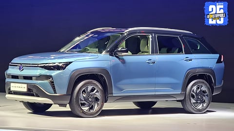 Maruti Suzuki Victoris, winner of ICOTY 2026 with 5-star safety rating. Explore features, price starting at ₹10.50 lakh, strong hybrid options, and why it's India's top mid-size SUV
