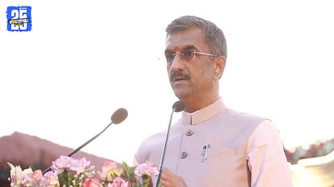 Tourism Minister Shambhuraj Desai addressing Shiv Sena workers during the Sangli municipal election campaign launch.