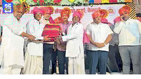 Guardian Minister Prakash Abitkar addressing the Balbhim Cooperative Amrit Mahotsav at Kekhale village.