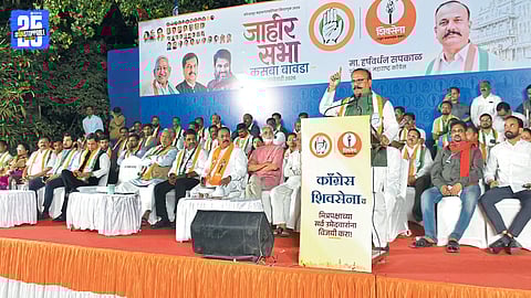 Congress state president Harshvardhan Sapkal addressing a public rally at Kasba Bawada in Kolhapur.