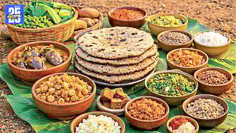A traditional Bhogi feast in Belagavi showcasing hard bhakri, seasonal vegetables and Sankranti flavours.