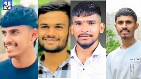 Four newly selected army recruits celebrating their success with proud family members.