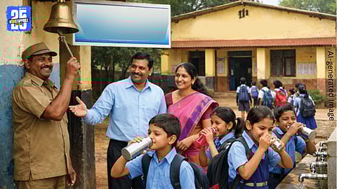 Students at a government school following the water bell instruction amid concerns over drinking water availability.