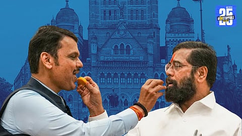 BJP and Shiv Sena (Shinde faction) leaders celebrate historic victory after securing majority in the Mumbai Municipal Corporation elections, ending decades-long Thackeray dominance.