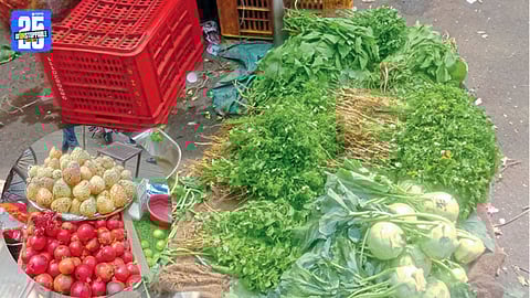 Fresh vegetables and fruits displayed at Kolhapur weekly market as prices witness a sharp decline.