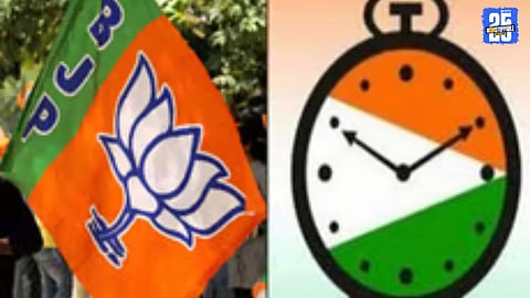 Leaders and workers display strength while filing nomination forms during Satara district elections.