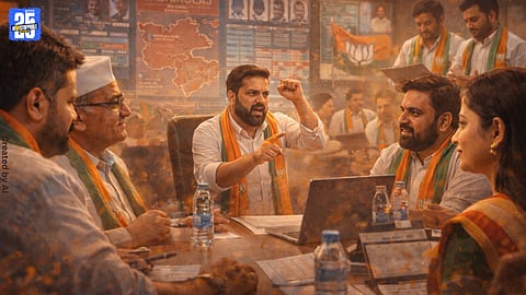 Candidates and workers strategizing election plans inside a Gadhinglaj war room.