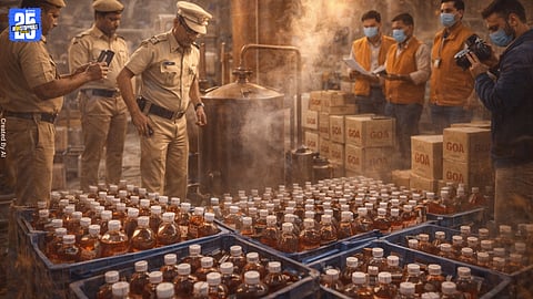 Excise officials inspecting seized fake liquor bottles and equipment during the raid in Sangola.