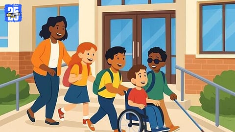 Hearing and speech-impaired students attending classes in a temporary municipal building.