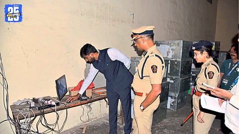 District Collector Amol Yedge inspects EVM strong room security arrangements in Kolhapur.