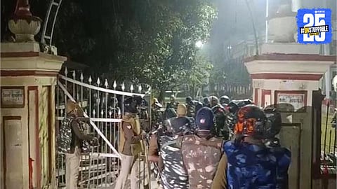 Police personnel deployed inside Banaras Hindu University campus after violent clashes and stone pelting between student groups in Varanasi.