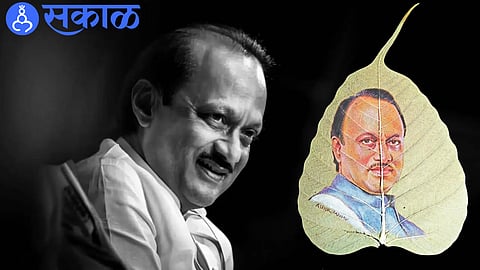 Artist Ashok Jadhav displays Ajit Pawar portrait painted on a delicate peepal leaf as tribute.