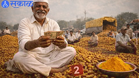 Fresh turmeric stock arriving at Sangli market yard during new season trading.