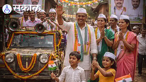 Family members campaigning door-to-door during ZP elections in Shirala.