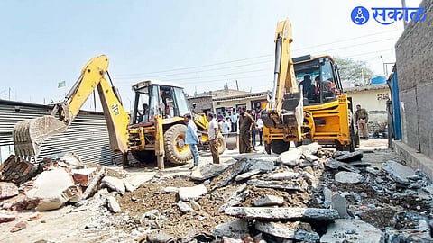 Heavy police presence during demolition of 14 slaughterhouses in Sangamner.