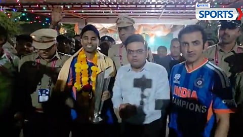 Indian cricket team celebrates their historic T20 World Cup 2026 victory after defeating New Zealand by 96 runs at Narendra Modi Stadium, with captain Suryakumar Yadav leading the celebrations.