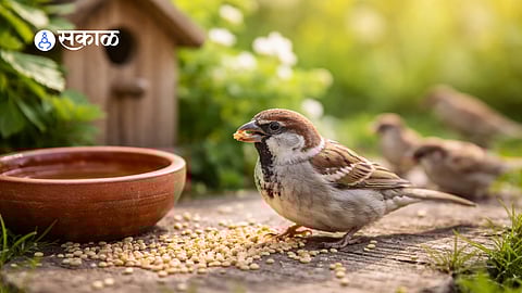 A sparrow feeding on grains in a garden
