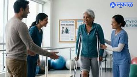 Doctors assist a woman in walking shortly after a successful complex surgery in a Mumbai hospital.