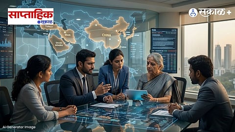 Intellectual Indian analysts discussing global power shifts near digital maps