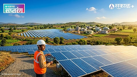 Solar panels in a sunny field powering a rural house.