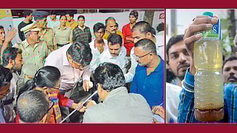 औरंगाबाद - गोपाल टी चौकात युनिक ऑटो सर्व्हिसेसच्या पंपावर गुरुवारी पाणीमिश्रित इंधनाच्या तक्रारीनंतर तपासणी करताना अधिकारी. (दुसऱ्या छायाचित्रात) पंपावर पाणी मिश्रीत इंधन दाखवताना वाहनधारक.