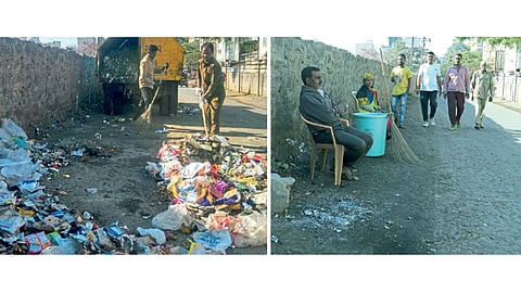 1) आंबेगाव पठार ः रस्त्यावर पसरलेला कचरा उचलताना कर्मचारी. 2) कचरा टाकू नये यासाठी रस्त्यावर पहारा देत बसलेले कर्मचारी.
