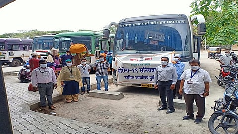 ST bus at door for Outside workers from pune.jpgST bus at door for Outside workers from pune.jpg