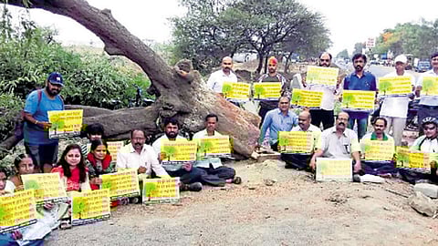 निगडी - निगडी ते देहूरोड मार्गावरील रस्ता रुंदीकरणात अडथळा ठरणारी वृक्ष मंगळवारी तोडण्यात आली. या वेळी निसर्ग प्रेमी व विविध सामाजिक संघटनांचे पदाधिकारी आंदोलन करताना.