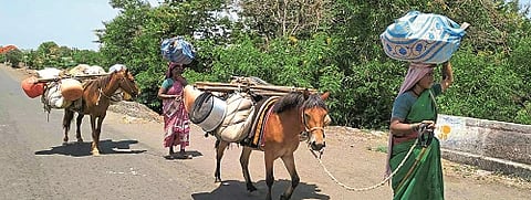 Both the women kept walking after loading the literature on the horse....