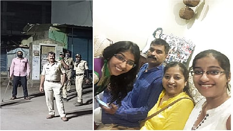 अंबड : संचारबंदीच्या काळात शहरात पाहणी करताना पोलिस निरीक्षक अनिरुद्ध नांदेडकर. दुसऱ्या छायाचित्रात पत्नी शिल्पा, मुली आरोही व शर्वरी यांच्यासोबत श्री.नांदेडकर.