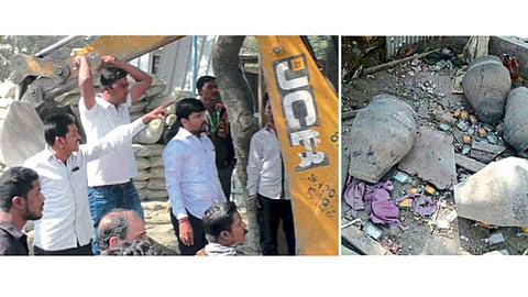 औरंगाबाद - अतिक्रमण हटाव पथकावर दगड उगारताना एकजण, तर दुसरा धमकावताना.(दुसऱ्या छायाचित्रात) हरितपट्ट्यातील अतिक्रमण काढल्यानंतर त्याठिकाणी साचलेल्या दारूच्या बाटल्यांचा खच.