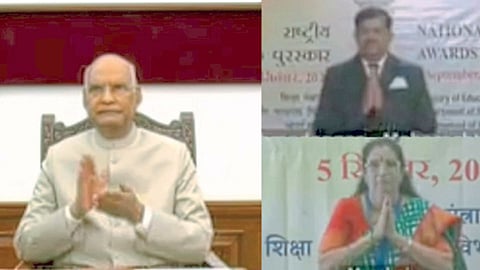 नवी दिल्ली - राष्ट्रपती रामनाथ कोविंद यांच्या प्रमुख उपस्थितीत ऑनलाइन कार्यक्रमात महाराष्ट्रातील नारायण मंगलराम (नगर) आणि संगीता सोहोनी या दोघांना शनिवारी सन्मानित करण्यात आले.
