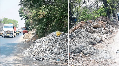 ठाणे : भिवंडी बायपास मार्गावर टाकण्यात आलेले डेब्रिज. (छायाचित्र : दीपक कुरकुंडे)